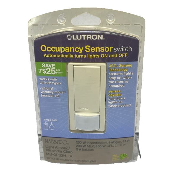 Lutron Maestro Occupancy Sensor Switch, Light Almond. MS-OPS2H-LA. {15}. - Picture 1 of 11